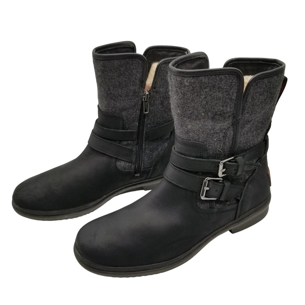 UGG Simmens Boots Women 9.5 Black Waterproof Leather Wool Buckle 1005269